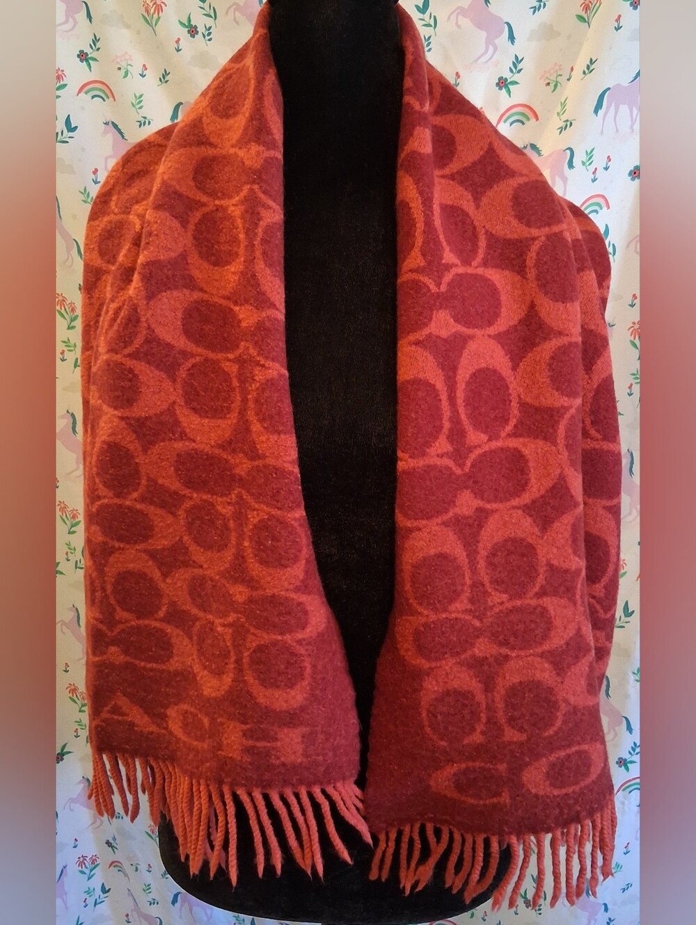 EUC Coach Red 1941 Wool Signature Jacquard Reversible Oversized Muffler Scarf E